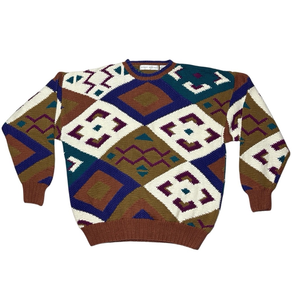 VTG Henry Grethel Sweater M Aztec Crew Neck Boxy Cotton Biggie Grandpa Oversized